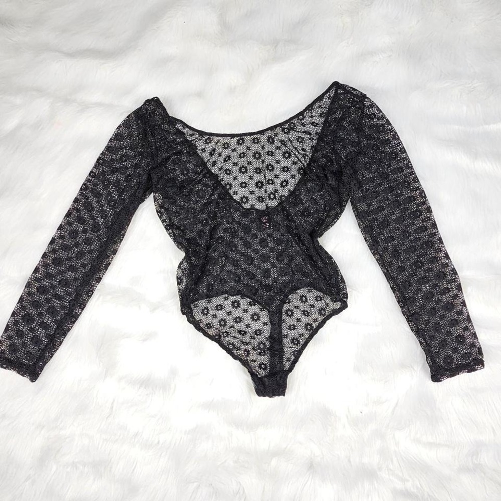 Black‎ Floral Lace Long Sleeve Bodysuit Sexy See Through Top - Picture 2 of 6